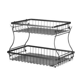 2 Tier Fruit Basket, Countertop Fruits Vegetable Bowl with Banana Hangers, Metal Wire Storage Stand for Kitchen Counter